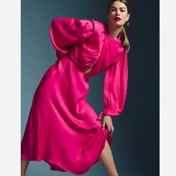 SOLD FARM Rio Pink Shoulderpads Maxi Dress Satin Like Cutout Size XL - Picture 3 of 15